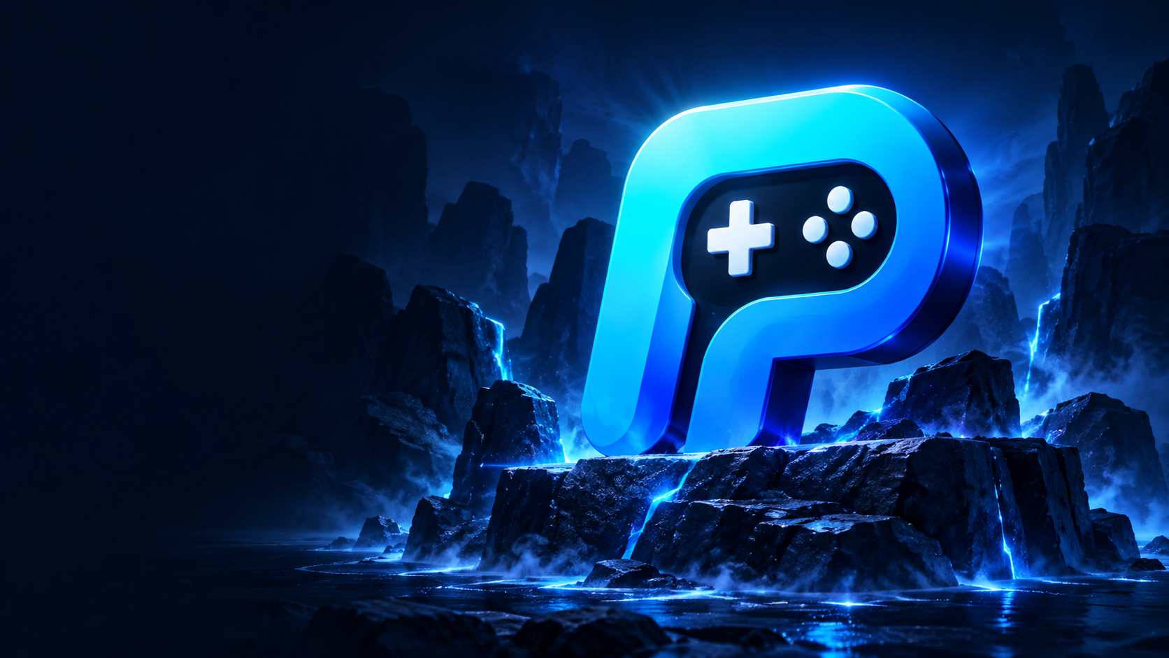 Blue PlayPad controller-P standing on an illuminated rocky platform